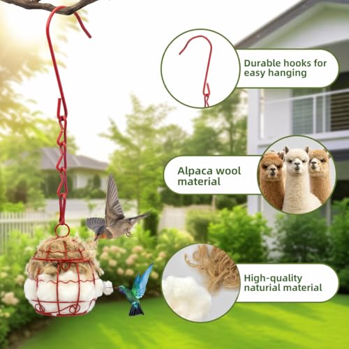 Bird Nesting Material with Wool, 2 Pack Refillable Hummingbird Nesting Material Cage Holder with Natural Cotton for Hummingbird Nest, Gift for Bird Lover, Nesting Balls Birds for Outdoor (Red Cage)