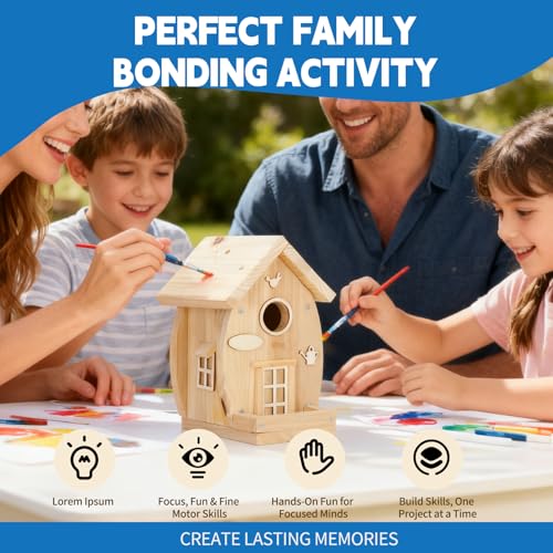 DIY Birdhouse Kit for Adults - Wooden Craft House to Build and Paint, Complete Set with Brushes, Non-Toxic Paint, Sandpaper & Glue, Creative Garden Yard Patio Decor Gift Idea