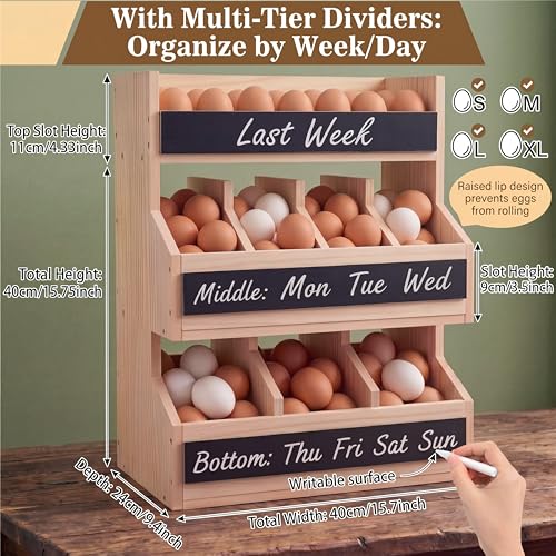 Leinuosen Wooden Egg Holder Countertop with 5 Dividers & DIY Freshness Labels to Separate, 3-tier Wood Egg Storage Basket Organizer, Large Farmhouse Kitchen Counter Display Rack