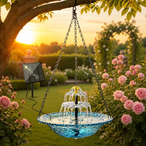 Solar Hanging Bird Bath Fountain, Solar Powered Cascading Water Fountain, Outdoor Hanging Bird Bath with Solar Fountain for Garden, Patio, Backyard