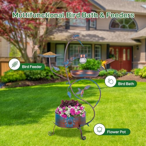dreamysoul Metal Bird Bath for Outside, Birdbaths Outdoors with Planter and Feeder, Garden Blue Bird Baths with Solar Lights