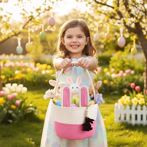 Pro Goleem Easter Basket for Kids, Adorable Woven Egg Hunt Bucket with Handle, Soft First Easter Gift Tote Bag, Nursery Toy Storage Bin with Tag(Pink) - color: white&pink
