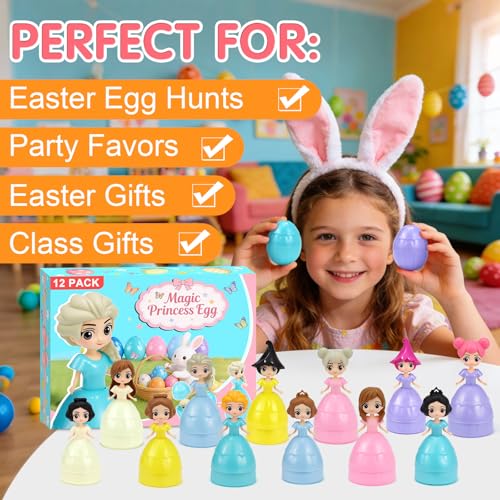 12PCS Pre Filled Easter Eggs Gifts for Kids with Transforms into Princess Toys Easter Basket Stuffers Easter Eggs Hunt Easter Party Favor Prize Classroom Rewards Toys for Girls