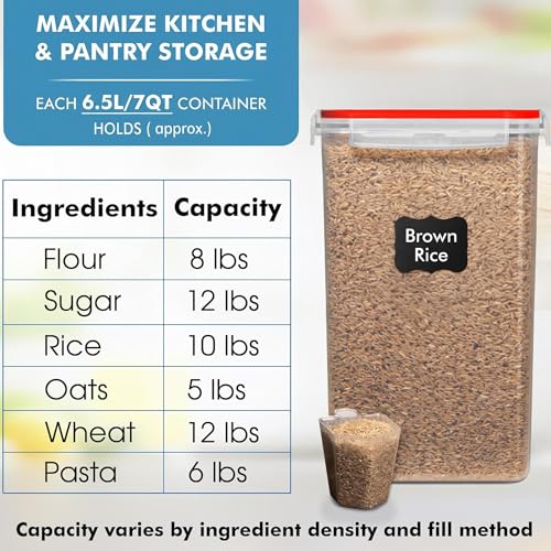 2 PC [7 Qt / 6.5L / 220 Oz] Large Food Storage Containers with Lids Airtight - BPA Free Clear Plastic Kitchen and Pantry Storage Containers for Cereal, Flour, Sugar, Rice - color: Red - 2 Pack