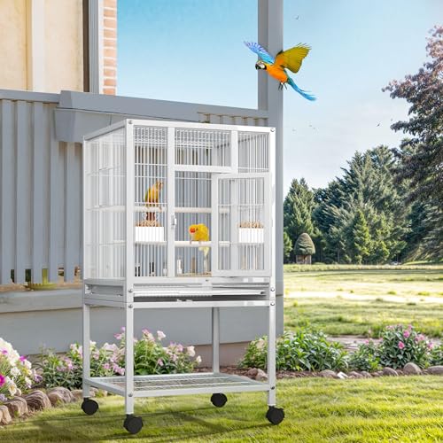 DWVO 41-inch Metal Bird Cage: Large Parrot Cages with Rolling Stand - Features Tray, Food Boxes & Wooden Perches for Parakeets, Lovebirds, Cockatiels, Finches and Pigeons, White - color: White, size: 19.0"L x 18.1"W x 40.5"H