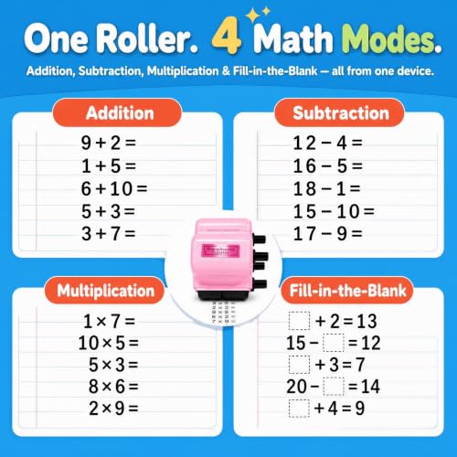 GoldenEgg Math Teacher 4-in-1 Math Roller Stamp, Addition, Subtraction, Multiplication & Fill-in-the-Blank Practice Tool for Kids, Classroom & Home Use (Pink) - color: Pink