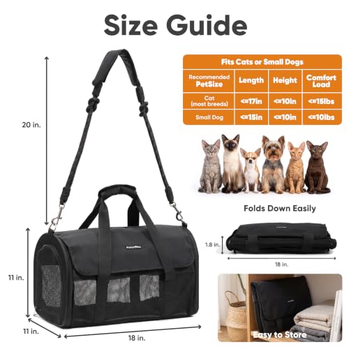 FUKUMARU Cat Carrier Soft, Ultra Lightweight Airline Approved Dog Carrier | Kitten Carrier with Anti-Scratch Mesh, Breathable Small Dog Carrier Bag, Collapsible Pet Carrier for Cats Under 15 lb, Black - color: Black