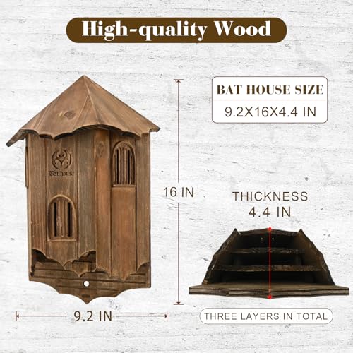VIREESR Bat House for Outdoors, Castle 3-Chamber Bat Box, 100-Capacity | Cedar Wooden Bat House, Bat Boxes for Outside for Tree, 3 Chamber Design to Attract Bats, Weather-Resistant, Brown - size: Brown