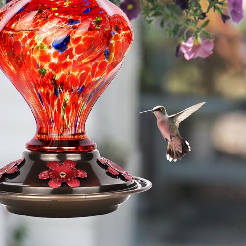 Glass Hummingbird Feeders for Outdoors Hanging with ant Moat, Red | Hand Blown, 24oz, 5 Bee-Proof Ports, 360° Perch, Leak-Proof, Easy Refill & Clean, Garden Decor, Gifts for Mom Dad Women Men - color: Rising Red