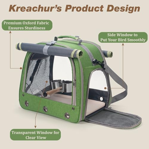 Bird Carrier Parrot Travel Cage with Perch, Food Bowl, Tray and Breathable Clear Window, Bird Travel Bag for African Gray Cockatiel Caique Conure Quaker, for Vetting Camping Hiking (Green) - color: Green