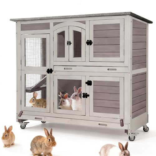 47.2" Two-Story Rabbit Hutch with Wheels, Indoor Outdoor Bunny Cage with Openable Viewing Window & Leakproof Sliding Trays, Wooden Small Animal House with Ramp, for Rabbits-(Grey) - color: Grey-AIR06
