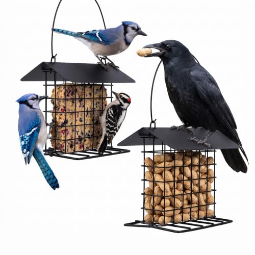 2Pcs Crow Blue Jay Peanut Feeder: Suet Cake & Bird Nesting Material Holder | Outdoor Hanging Bird Feeder Cage with Weatherproof Roof & Perch Fits Woodpecker Cardinal Mourning Dove Oriole, Blue Grosbeak - color: 2pcs black