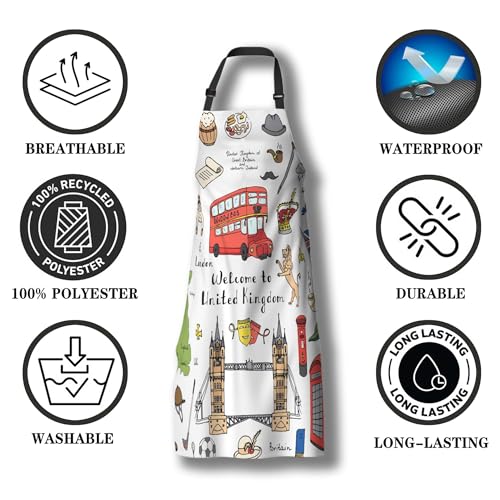 Barista Apron Women London Elements British Symbols Fun Aprons for Men for Kitchen Cooking Restaurant BBQ Painting Crafting Gardening 27” (W) x 31” (H), Waterproof Apron - color: London Elements Symbols
