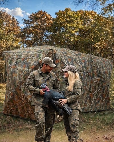 Portable Pop-Up Hunting Blind, 4-6 Person Camouflage Ground Blind with 270° See-Through Windows, Waterproof, Windproof, Silent Design, for Deer & Turkey Hunting