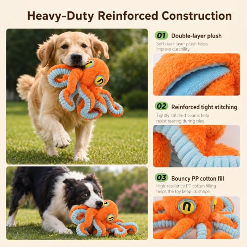 Squeaky Dog Plush Chew Toy, Interactive Tug Squeaky Toy for Chewers, Medium & Large Dogs & Fetch Play, 19.7 Inch Stuffed Octopus Toy with Flexible Spring Tentacles for Gentle Gum Care & Boredom Relief - color: Orange (Big Octopus)