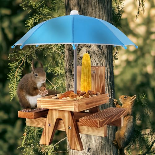 Gnodary Squirrel Feeder with Umbrella, Squirrel Feeders for Outside, Squirrel Picnic Table Feeder - Chipmunk Feeder Hold Corn, Corn Cob, Peanuts (Light-Blue) - color: Light-Blue