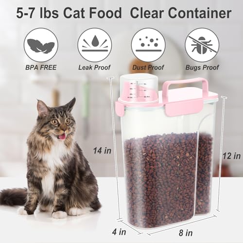 Dog Cat Food Storage Container with Cup (Pink, 5L) | Pet Food Pourable Container Airtight with Large Spout, BPA-Free Plastic Food Dispenser for Pet Food, Bird Seed, Rice, Flour - color: Pink, size: 5L