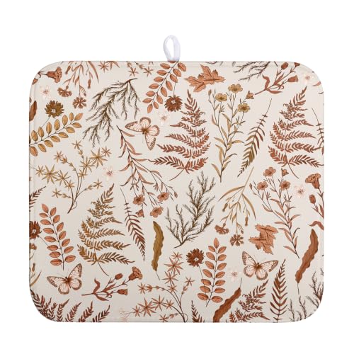Burnt Orange Fall Floral Dish Drying Mat Autumn Wildflower Absorbent Microfiber Kitchen Counter Mat Rustic Vintage Herb Plant Dish Drying Pad Washable Dishes Drainer Mats Medium 16"x18" - color: Burnt Orange Fall, size: 16" x 18"