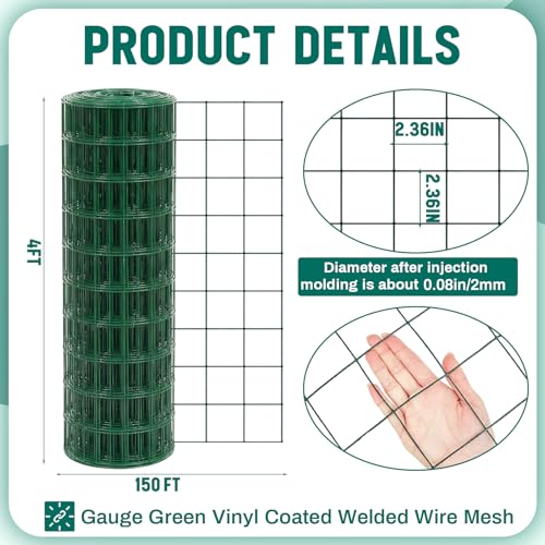 Gisafai 16 Gauge Galvanized Welded Wire Fence 4 ft x 150 ft PVC Coated Hardware Cloth, 2.36" x 2.36" Mesh, Heavy Duty Garden Fencing Roll for Yard Chicken Dog, Deer Cattle & Animal Protection(Green) - color: Green, size: 4 ft X 150 ft