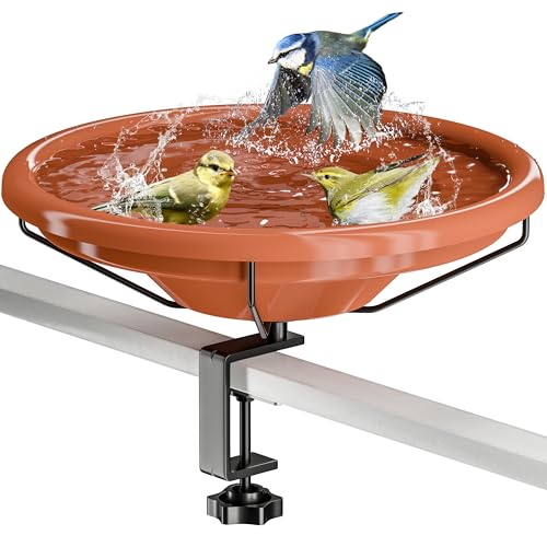 iBorn Bird Bath,Deck Mounted Bird Baths 12inch,Birdbath for Outside with Clamp 3.2inch,BPA-Free Bowl,Chew-Proof,Fully Detachable Design,Easy Clean & Refill,Terracotta,1 Pack（Not Include Fountain） - style: Deck Mounted Bird Bath Terracotta