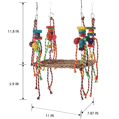 Bird Foraging Wall Toy, Parrot Chewing Toys Seagrass Woven Hammock Swing Mat with Colorful Ropes Wooden Blocks for Parakeets, Lovebirds, Cockatiels, Conures (Hammock Swing) - style: Hammock Swing