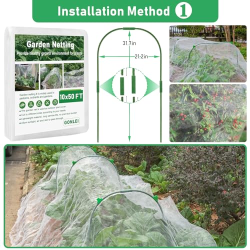 GonLei 10x 50FT Garden Mesh Netting Kit Raised Beds (6 Pcs Garden Hoops & 18 Clips) Garden Hoops Plant Netting Protection Row Covers Berry Bush Truit Trees Vegetables Grass Seed Barrier Net