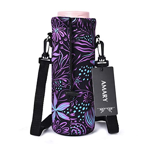AMARY 500ML Neoprene Water Bottle Carrier Bag with Adjustable Shoulder Strap,Insulated Water Bottle Cover for Stainless Steel/Glass/Plastic Bottles 16.9OZ (Flowers-2) - color: Flowers-2