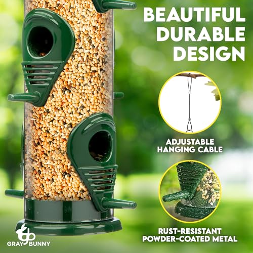Gray Bunny Squirrel Proof Bird Feeders for Outdoors 6 Port Metal Tube | Bird feeder squirrel proof, locking lid & adjustable hanger, chew-proof, weather resistant, easy clean - color: Green