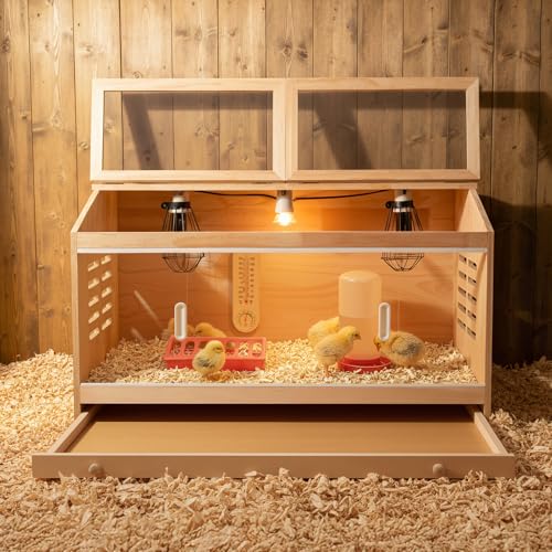 Large Wooden Chick Brooder Box with Drawers, 3 Heat Lamps and Thermostat | Built-in thermometer and pre-drilled holes; 31.5 x 15.75 x 18.1 in for chicks, ducks, quail and hamsters - size: 31.5"L x 15.8"W x 18.1"H
