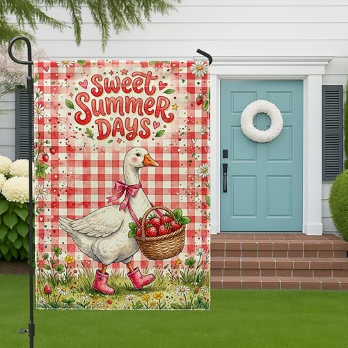 Goose Garden Flag, Summer Playful Strawberries Basket Summer Red Double Sided Burlap Decorative Outside Flags for Outdoor Patio Lawn Porch Entrance Campsite 12x18 Inch - size: 12x18 Inch
