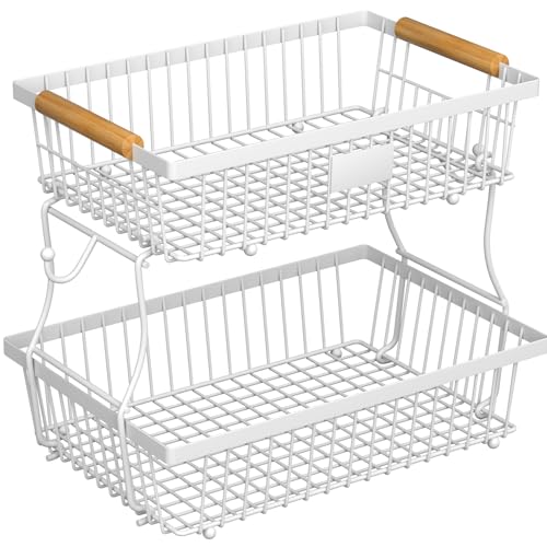2 Tier Fruit Basket for Kitchen Counter with 2 Banana Hangers, Countertop Metal Bread Basket with Wooden Handle, Large Storage Stand for Vegetables, Snacks, Eggs, Produce Storage – White - color: White, size: 2 Tier