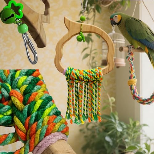 Wooden Bird Swing Toy with Rope Perch, Fish Shape, Hanging Cage Accessory for Parrots (Colorful, Green Wood Swing)