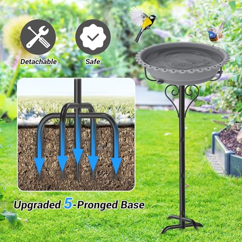 Bird Bath for Outside,12" Plastic Removable Bowl,Gray | Heavy Duty Metal 5 Prongs Base,Easy CLean,Weather-Resistant,Rust-Proof,40" Freestanding Birdbath for Garden Patio Yard Lawn - color: Grey-Freestanding