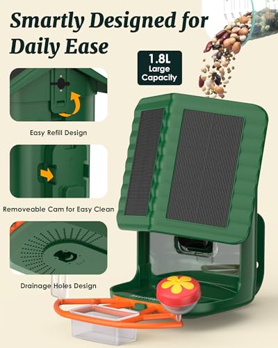 Bird Feeder with Camera Solar Powered 2K Video with 32GB Card Auto Capture | Instant App Alert, AI Identify, Easy Refill, 1.8L Capacity, IP65 Weatherproof, Pole/Bracket Mount, 3 DIY Add-ons, 2.4G Wifi - color: Green