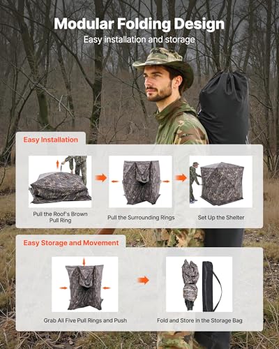 VEVOR Hunting Blind，See Through Ground Blinds with Carrying Bag, 360 Degree Portable Camouflage Tent，Durable Concealed Shelter with Silent Side Door and Window, for Turkey and Deer - size: 2-3 Person（360° See Through ）
