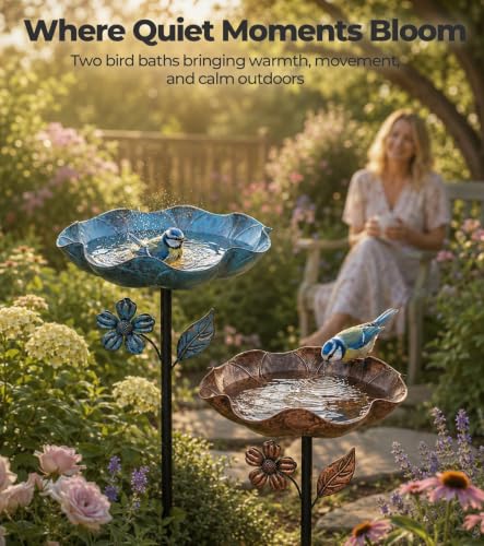 2PCS 11” Dia Metal Bird Bath for Outside | Freestanding Bird Bath Bowl, Upgraded 5 Pronged Base Birdbaths for Outdoors, Standing Bird Feeder Garden Yard Lawn Decor