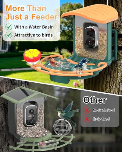Bird Feeder with Camera, 2K HD Camera Birds Feeder with AI Bird Recognition, Solar Powered Smart Birdfeeder with Bath, App Control, Color Night Vision, Gift Box Package, Easy Install - color: Dark Green, size: Bath