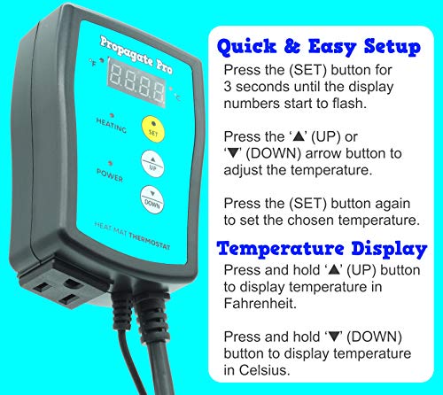Plug in 1000 Watt Heating Thermostat Outlet 34-108°F by Propagate Pro 110V, 120V Heat Mat Heater Pad Temperature Controller for Starting Seeds, Reptiles, Egg Incubation + Beer Brewing/Wine Making
