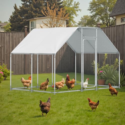 Large Metal Chicken Run, Chicken Coop with Lockable Door Flat Shape Walk-in Chicken Hen House with Waterproof & Anti-UV Cover for Duck Rabbit Habitat Cage Outdoor Poultry Cage for Yard Farm - size: 120.0"L x 79.2"W x 79.2"H