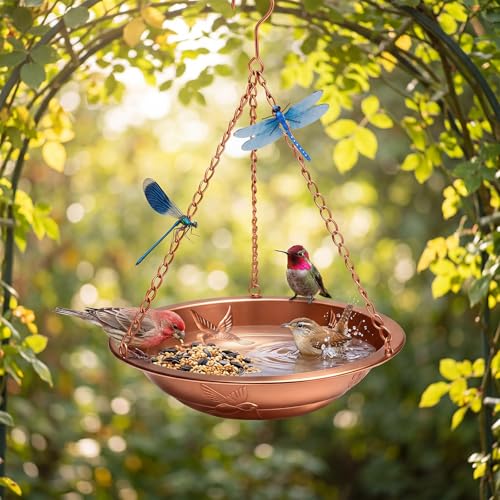 2 Pcs Hanging Bird Bath for Outside, 11.5" Antique Copper Metal Bird Feeder Birdbath Bowl with Rust-Proof Chains Simulated Dragonfly for Outdoor Garden Backyard Patio Yard Decor