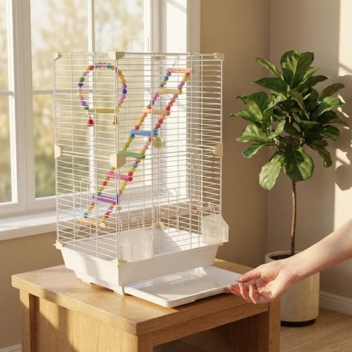 Pet Paradise Bird Cage, 14.6 x 11 x 24.8 inches, Metal Wire Construction, Multiple Perches and Feeders, for Parakeets, Canaries, Finches (White)