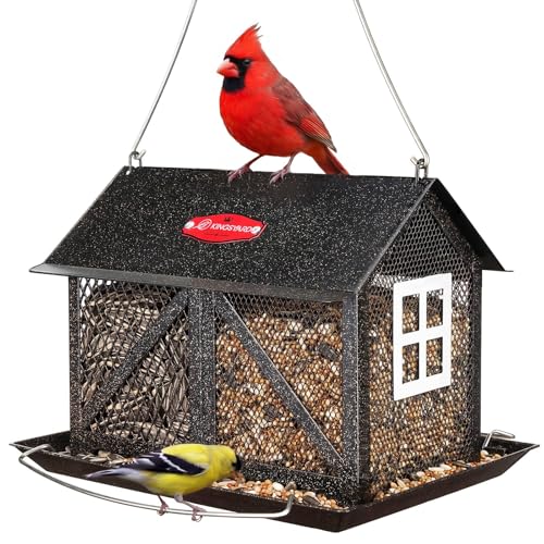 Kingsyard Metal Bird Feeder for Outdoors Hanging, 2-in-1 Wild Bird Feeder with Seed Tray & Built-in Perch, 5 lb Large Capacity for Cardinal Chickadee Finch, Black