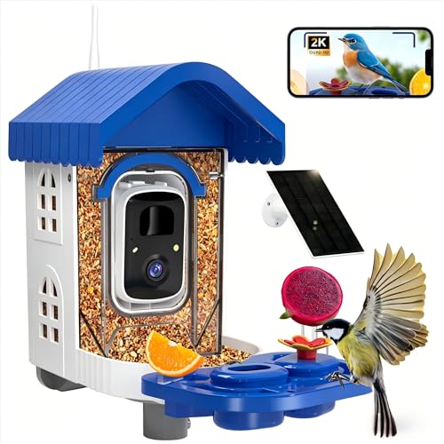 Smart Bird Feeder with Camera Solar Powered, AI Species Identification, 2K HD Video, Instant Arrival Alerts, Weatherproof Design for Outdoor, Best Gift for Bird Lovers(Blue) - color: Blue