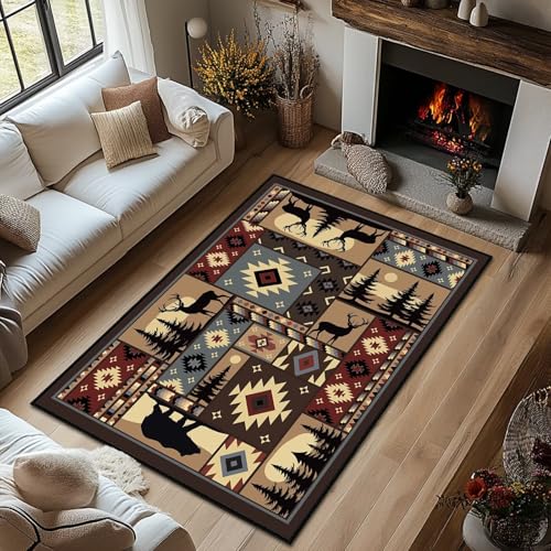 Rustic Rug for Bedroom,Cabin Wildlife Area Rug 4x6 Carpets Runner for Living Room,Buffalo Plaid Bear Moose Deer Country,Washable Throw Rugs Indoor Doormat Non Slip Floor Mats for Dining Room,Laundry - size: 4'x6'