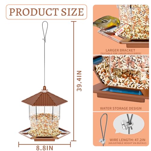 Bird Feeders for Outdoors Hanging,Large Capacity Birdfeeders for Outside Squirrel Proof,Hanging Mount Bird Seed Feeder Hopper for Cardinals,Finches Food Holder and Garden Decoration,Brown