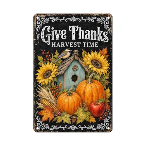 Give Thanks Birdhouse Tin Sign Sunflower Pumpkin Fall Wall Art for Kitchen Dining Room Living Room Porch Entryway and Rustic Farmhouse Home Decor 12 * 8In - color: Vintage Thanksgiving Tin Sign 10, size: 20X30cm(12*8in)