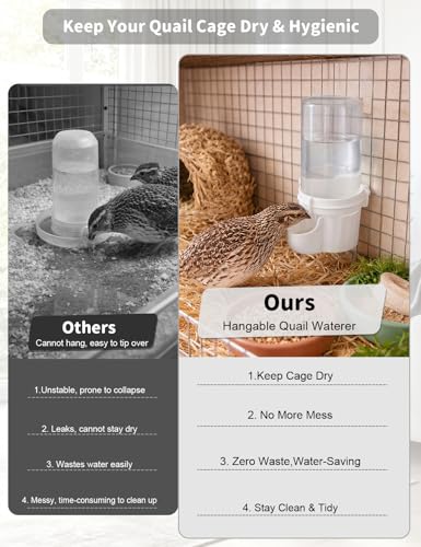 Quail Chick Waterer with Anti-Drowning Shallow Tray, 16.6 fl oz Automatic Gravity Button Quail Waterer, Hanging or Free-Standing Bird Water Dispenser for Wire Mesh Cages and Brooders (White) - color: White
