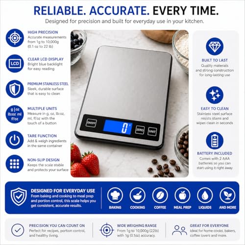Digital Kitchen Scale 10kg/22lb, Food Scale with 1g Precision, Grams & Ounces, Stainless Steel, LCD Display, Tare Function, Multi-Unit, Battery Powered for Baking, Cooking & Meal Prep