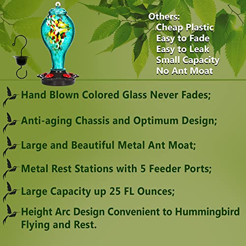 LUJII Hummingbird Feeder for Outdoors, Hand Blown Glass Humming Bird Feeder, Anti Fade Leakproof with 25 Ounces Nectar Capacity, Easy to Install Clean Refill, Include Hook & Ant Moat (Teal) - color: Blue, size: Small