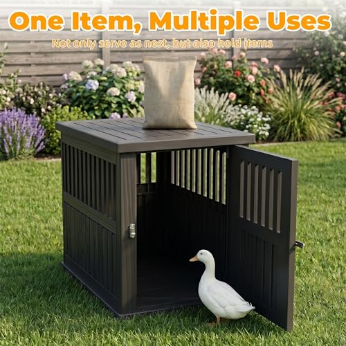 Vixzen Outdoor Duck House, PP Resin Versatile Poultry Shelter, Features Visible Railing with Stainless Steel Lock and Top Storage Space Chicken Coop, Ideal for Outdoor Use on Patios, Farms（Black） - color: Black, size: 39.4"L x 28.4"W x 32.8"H